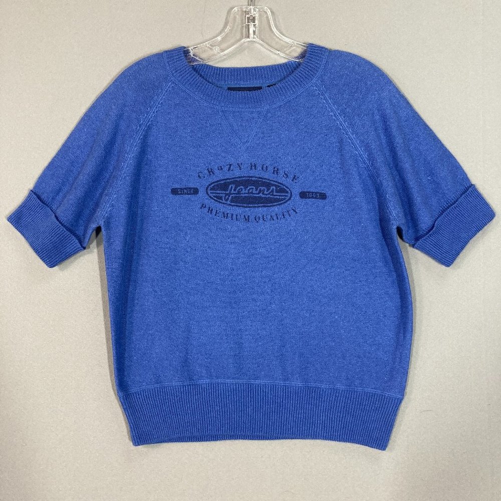 Vintage 90s Y2K Raglan Sweater Short Sleeve Spellout Logo Jeans Size S Knit Blue